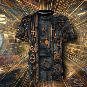 May include: A black t-shirt with a steampunk design featuring intricate gears, pipes, and other mechanical elements. The design is reminiscent of a vintage industrial machine.