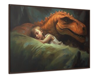 Young Girl Cuddling With Her Dinosaur - Framed Oil Painting Print on Canvas - Kid With Dino Taking Nap - Gallery Print on Canvas with Frame