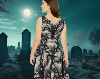 Scary Tree AOP Dress - All Over Print Skate Dress - Women's Skater Dress - AOP - Creepy Skull Tree Pattern - Perfect for Halloween