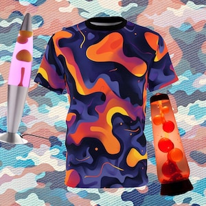 May include: Two lava lamps, one pink and one red, with a blue and orange abstract print t-shirt in the centre. The background is a camouflage pattern.