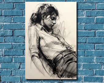 Sketch Portrait - Young Woman - Charcoal, markers, Pencils - Monochromatic Wall Art Printed on Canvas