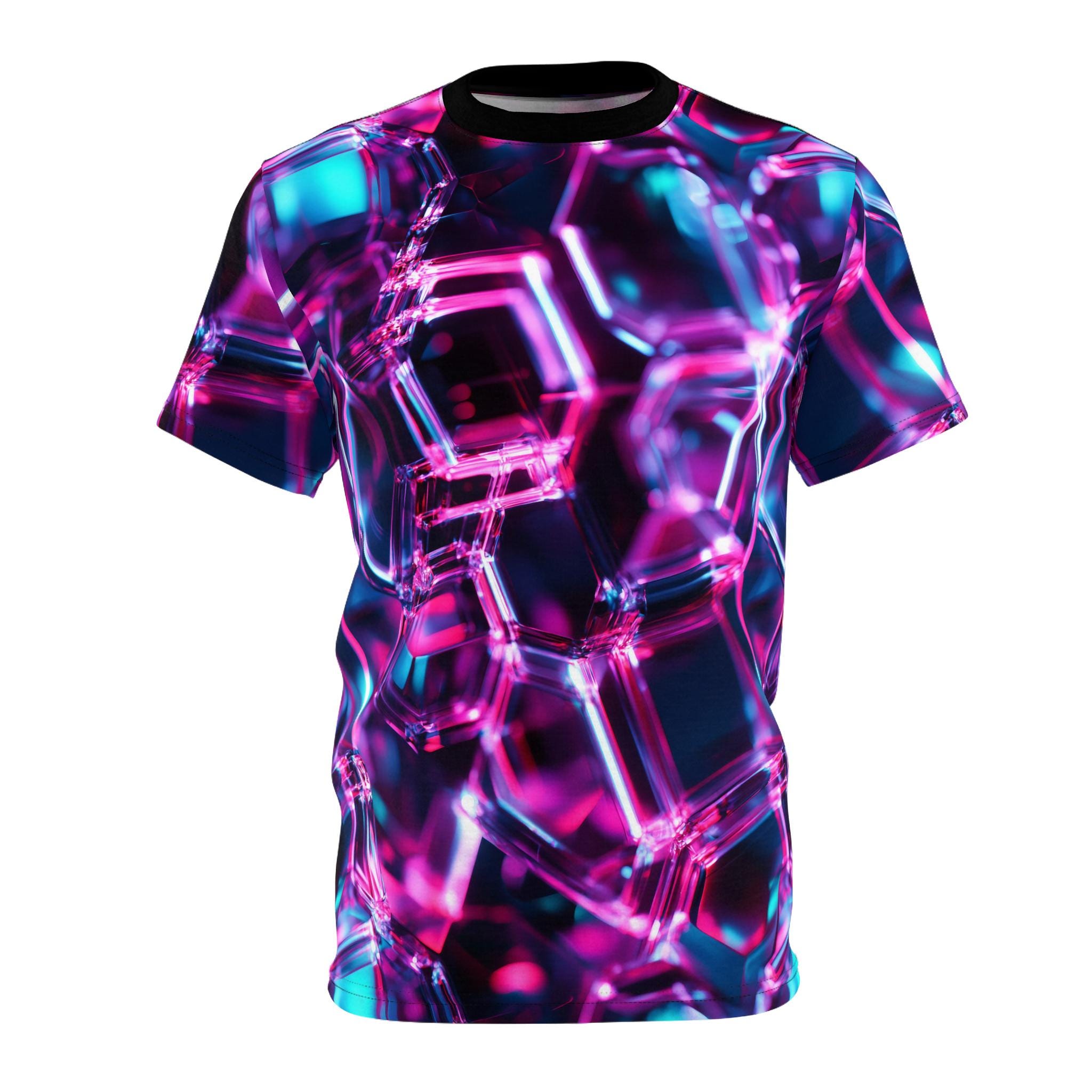 [XTONZ] Pixel Check Applique T-Shirt ★大人気★ Block Chain - Cyberpunk Pink and Black Pattern on AOP Shirt
