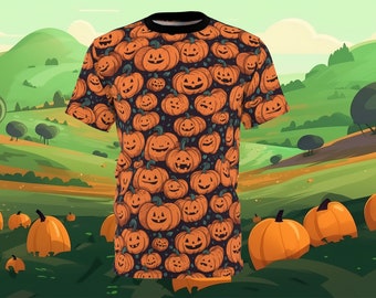 Cute Jack-o-Lanterns AOP Print Shirt - Halloween All-Over Print T-Shirt - Unisex AOP Tee Shirt - Carved Pumpkin Print