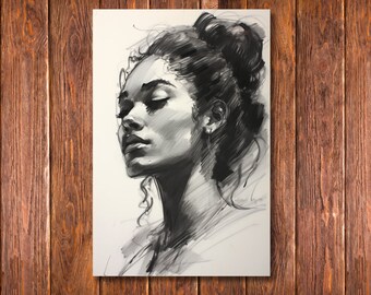 Envision - Mixed Media Sketch Portrait - Charcoal, markers, watercolor - Black, White, Grey - Monochromatic Wall Art Printed on Canvas