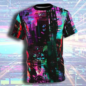 May include: A short-sleeved t-shirt with a black collar and a vibrant, abstract design. The graphic features a cityscape with neon pink, green, and blue hues, creating a futuristic and glitch-like aesthetic. The shirt's design covers the entire front.
