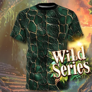 May include: A green and gold t-shirt with a crocodile skin pattern. The shirt has the text "Wild Series" printed on it.