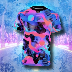 Camiseta com estampa psicodélica vapor wave em cores vibrantes - Camiseta moderna com estampa total - Camiseta unissex com estampa total