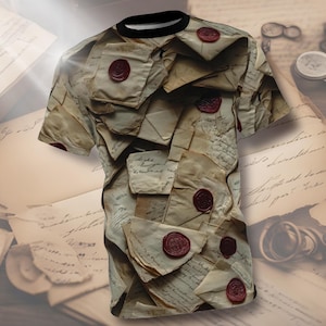 Correspondencia - Camiseta de estilo vintage, camiseta con letras antiguas con estampado de lacre por todas partes, camiseta con diseño postal retro, histórica