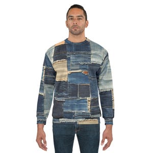 Patched Up - Denim Patchwork Pattern Printed Solid 100% Polyester Sweatshirt, Quilt Pattern AOP Pullover, Ripped Jeans Look, Cozy Jumper image 4