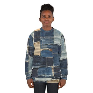 Patched Up - Denim Patchwork Pattern Printed Solid 100% Polyester Sweatshirt, Quilt Pattern AOP Pullover, Ripped Jeans Look, Cozy Jumper image 5