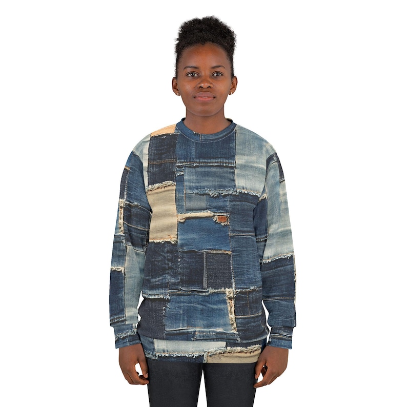 Patched Up - Denim Patchwork Pattern Printed Solid 100% Polyester Sweatshirt, Quilt Pattern AOP Pullover, Ripped Jeans Look, Cozy Jumper image 5