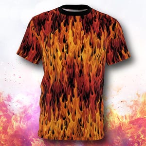 Camiseta unisex con estampado integral de llamas, cortada y cosida, con gráficos, fondo negro, llamas de fuego, llamas calientes