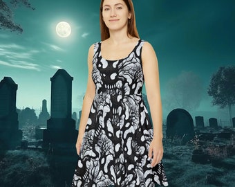 Halloween AOP Dress - All Over Print Skate Dress - Women's Skater Dress - AOP - Creepy Skull Tree Pattern - Perfect for Halloween