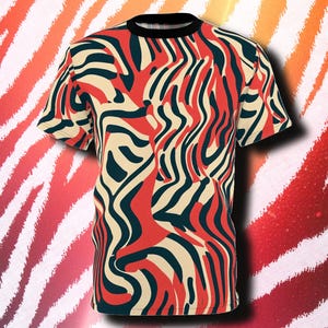 May include: A short-sleeved t-shirt with a red, black, and cream abstract zebra print.