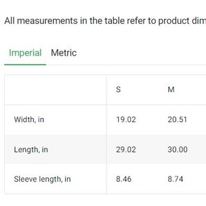 May include: Size guide table showing measurements in inches for different sizes of a garment, including width, length, and sleeve length.