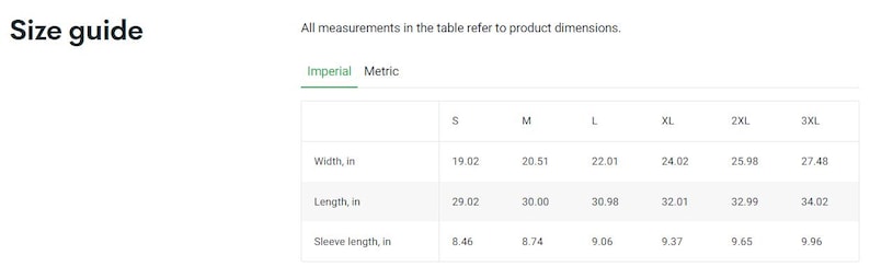 May include: Size guide table showing measurements in inches for different sizes of a garment, including width, length, and sleeve length.