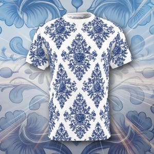 Delft Blue Porcelain Pattern on White Tee | AOP All-Over Print