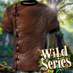 May include: A brown t-shirt with a leather texture and stitching detail. The shirt is printed with the text "Wild Series" in a green and white font.