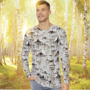 Birch - Weißes Birkenrinde Langarm-T-Shirt, Naturliebhaber Shirt, Baumrindentarnung, Wald AOP Langarm-T-Shirt, Outdoor Adventure Wear