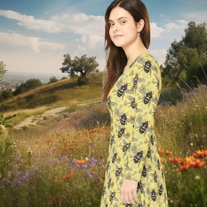 Lil Bumblers - Bumble Bee Print Dress - Women&#39;s Long Sleeve Dance Dress - Bees on a Yellow Dress