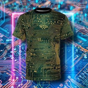Camiseta com estampa de placa de circuito Rad - Camiseta com estampa completa - design de placa de circuito em camiseta unissex - verde e dourado