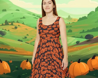 Halloween AOP Dress - All Over Print Skate Dress - Women's Skater Dress - AOP - Jack-o-lantern Pattern - Pumpkins - Perfect for Halloween