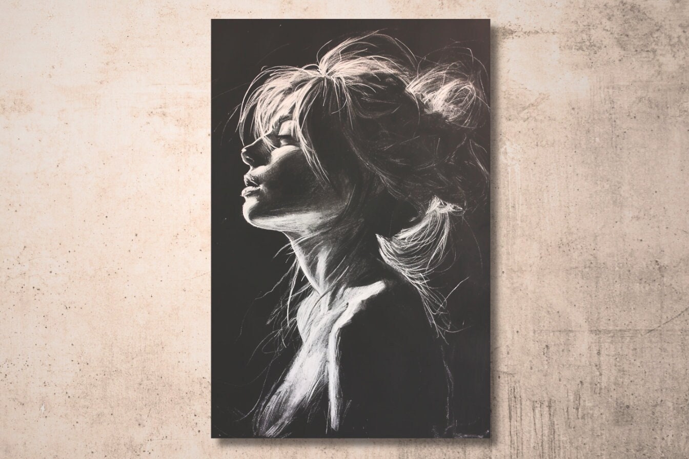 Vulnerability - Inverted Sketch Portrait - Chalk and White Pencil on Black - Monochrome Wall Art Printed on Canvas
