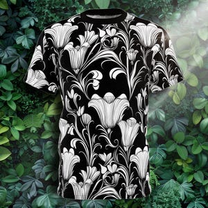 Stark - Art Nouveau White Sketch Flowers on Black Shirt - Comfy All Over Print Shirt, Beautiful Artistic Fashion, Floral Graphic Tee