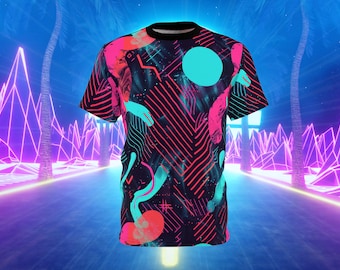 Camiseta AOP con estampado psicodélico de ondas de vapor de neón - Camiseta con estampado completo y divertido - Camiseta AOP - Camiseta unisex con estampado completo
