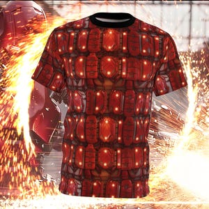 Evil Robot Armor Scales AOP Print Shirt - Metal and Red Lights - All-Over Print - Unisex AOP T-Shirt - Robot Armor Print - Cyberpunk