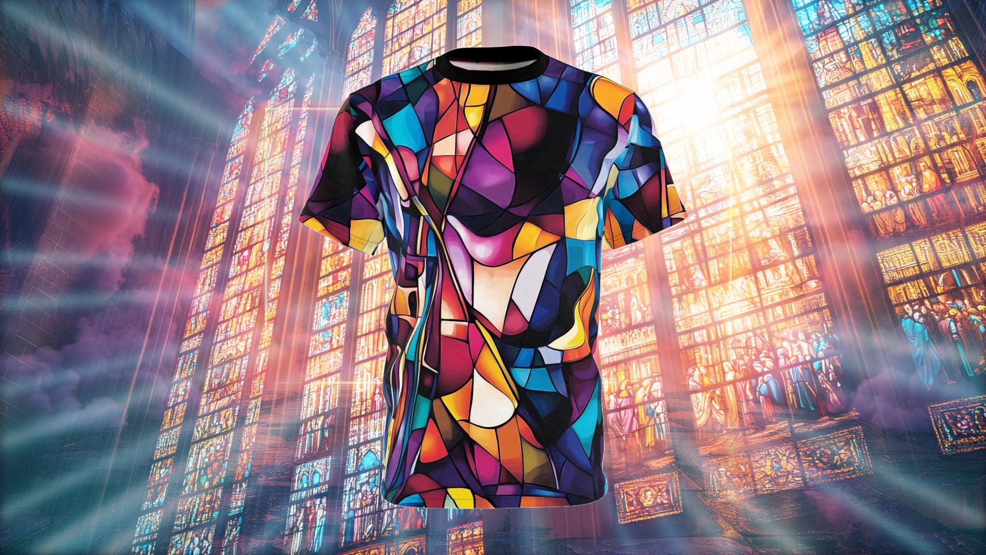 トップス Mame Stained Glass Printed Top Stained Glass Tee, Colorful All Over Print T-shirt, Unisex Graphic