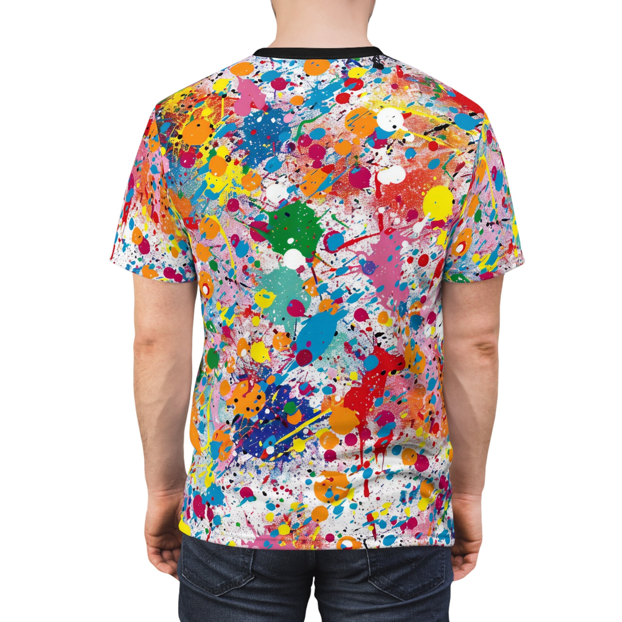 【Pehrt】Pointelle Pattern T shirt Paint Splatter Pattern on White AOP Shirt - Rad Paint Shirt