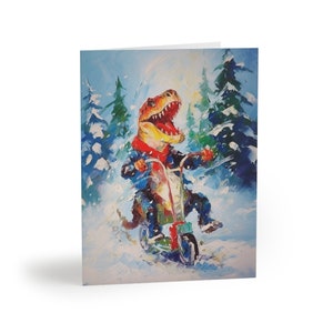 Bizarre Avant-Garde Art Holiday Cards Dinosaur Boy Riding Scooter in the Snow Christmas Cards Blank Inside Choose 8, 16, or 24 pcs image 2