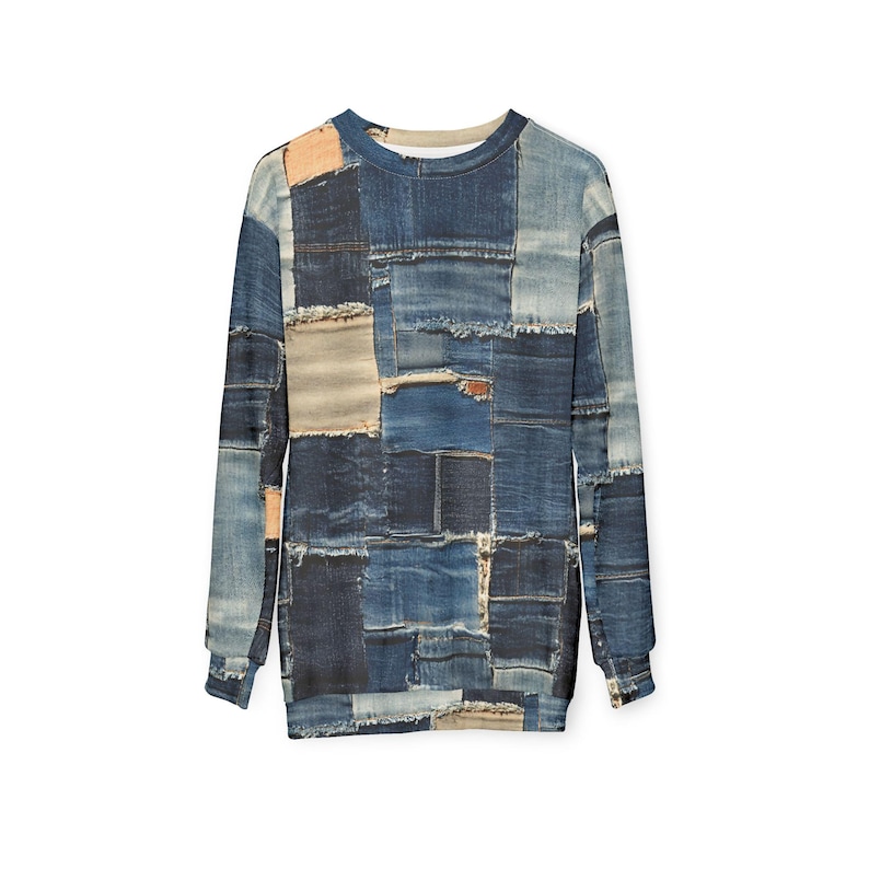 Patched Up - Denim Patchwork Pattern Printed Solid 100% Polyester Sweatshirt, Quilt Pattern AOP Pullover, Ripped Jeans Look, Cozy Jumper image 7