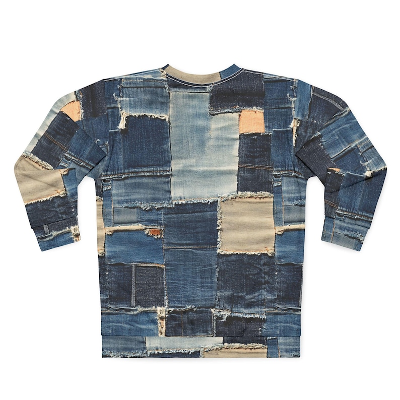Patched Up - Denim Patchwork Pattern Printed Solid 100% Polyester Sweatshirt, Quilt Pattern AOP Pullover, Ripped Jeans Look, Cozy Jumper image 3