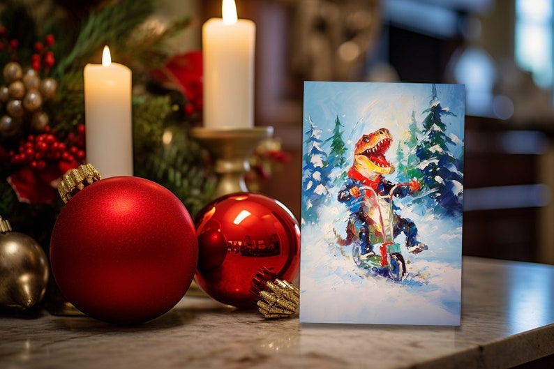 Funny Holiday card - Dinosaur Person riding a scooter through the snow on Christmas.