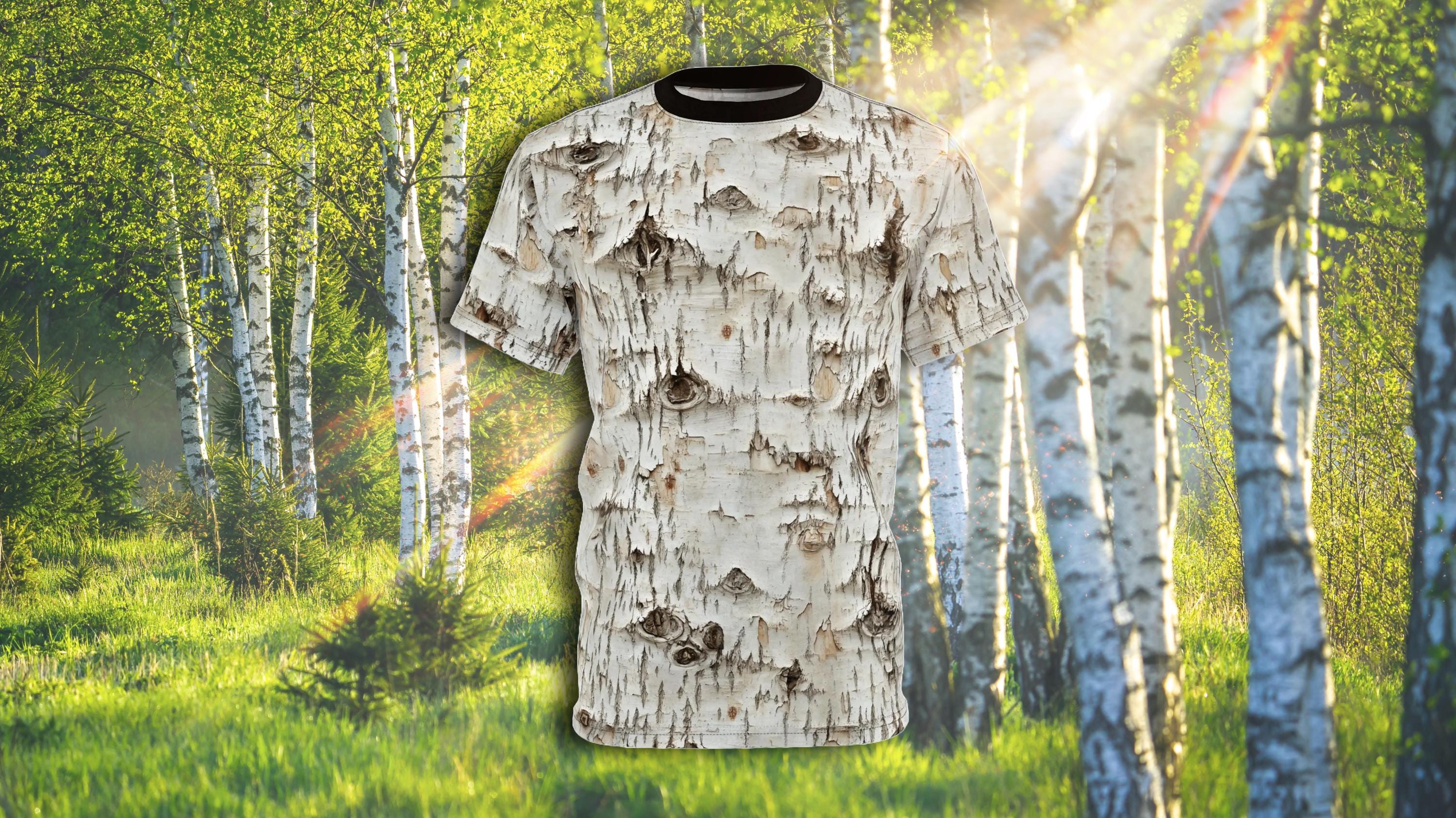 【AMBLER】 Hysteria bear embroidered short-sleeved T-shirt Birch - White Birch Bark Pattern Unisex Tee, Nature Lover