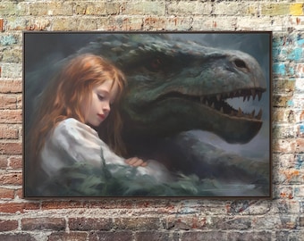 Little Girl Napping With Her Dragon - Framed Oil Painting Print on Canvas - Kid Cuddling With Dino - Gallery Print on Canvas with Frame