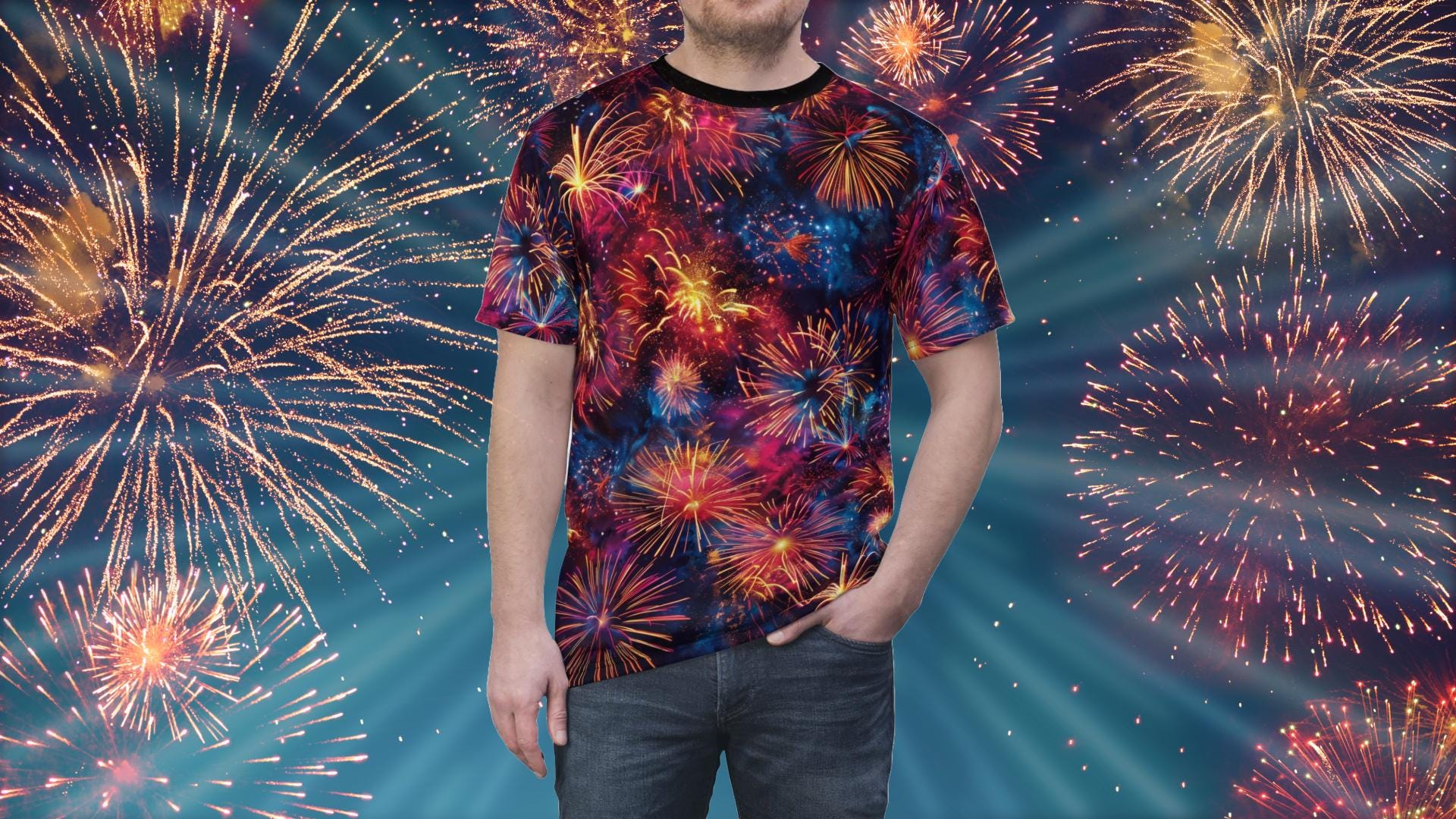 Rocket's Red Glare - 4th of July Firework Pattern - Fireworks AOP Shirt - July Fourth Shirt - AOP Tee Shirt - Unisex All Over Print T Shirt