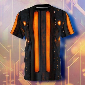 以下が含まれることがあります： 未来的なデザインの黒い半袖Tシャツ。シャツにはオレンジ色の縦縞と、小さな光るオレンジ色の円が特徴です。全体的なデザインは、テクノロジーまたはSFの雰囲気を醸し出しています。