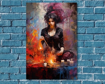 Conjuration - Pretty Witch Fantasy Painting Printed on Canvas