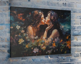 Love at the Witching Hour - Happy Pride! - Oil Painting Print - No Frame - Women Kissing - Gallery Print on Canvas - Wall Art