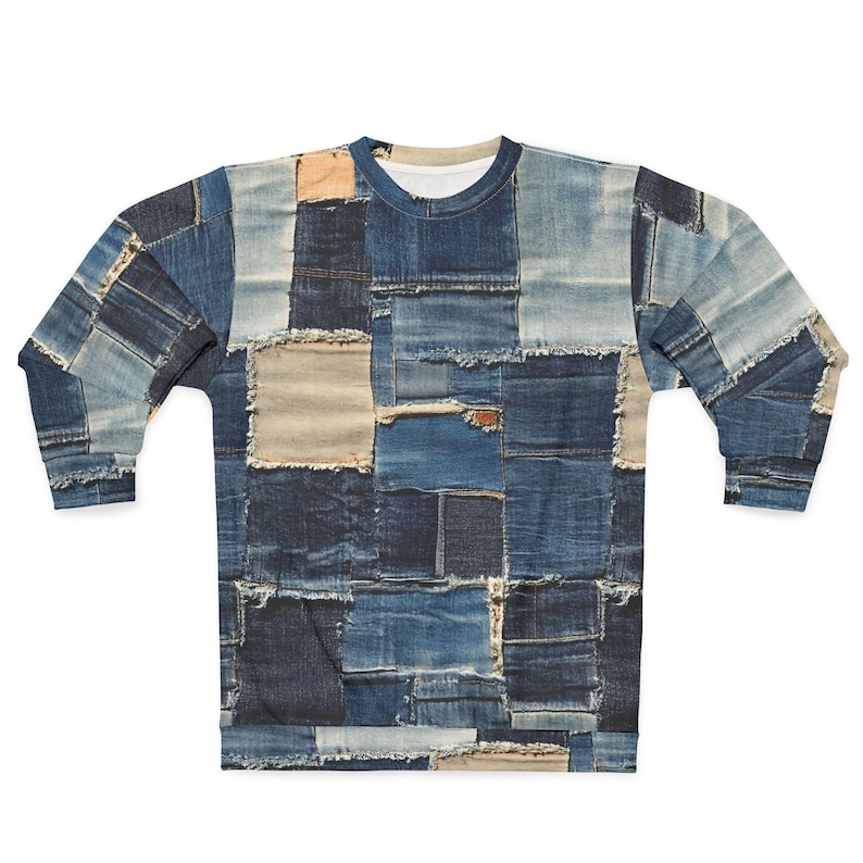 Patched Up - Denim Patchwork Pattern Printed Solid 100% Polyester Sweatshirt, Quilt Pattern AOP Pullover, Ripped Jeans Look, Cozy Jumper image 2