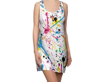 Artistic Paint Splatter Pattern Dress - Fun and Funky White Dress - All Over Print Dress - Women's AOP Lightweight Racerback Dress