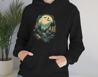 Nature Print Hoodie - Mountains - Birds - Trees - River - Unisex Heavy Blend Hooded Sweatshirt