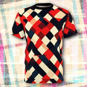 May include: A short-sleeved t-shirt with a geometric pattern in red, black, and white. The pattern is made up of diagonal lines and squares.