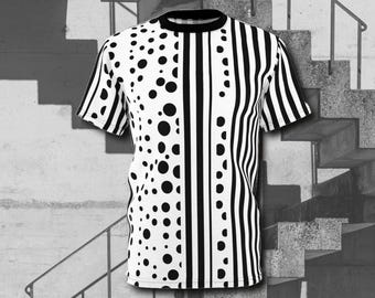 Containment - Camiseta unisex monocromática cortada y cosida, camiseta AOP de alta costura, moda de diseñador independiente, camiseta blanca y negra, camiseta gráfica