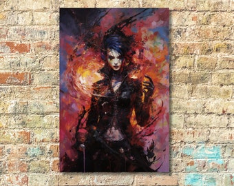 Punk Witch Fantasy Painting Printed on Canvas