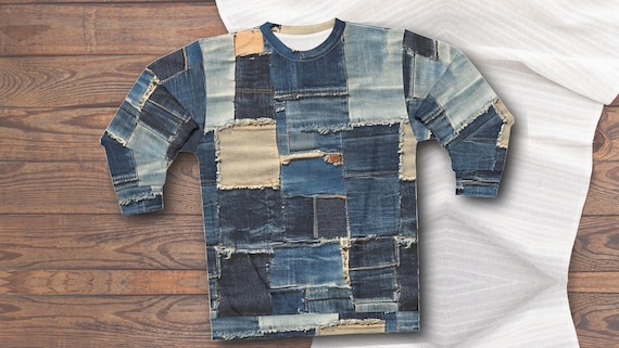 Patched Up - Denim Patchwork Pattern Printed Solid 100% Polyester Sweatshirt, Quilt Pattern AOP Pullover, Ripped Jeans Look, Cozy Jumper