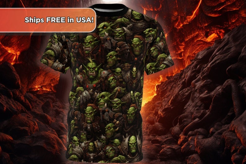 How many orks are crammed on this shirt?  Hard to say, but some estimates are as high as forty thousand.  All Over Print t-shirt covered in orcs.